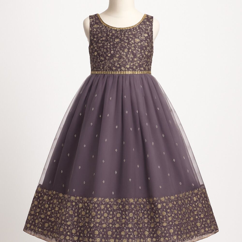 Dark Purple Sequin Tulle Party Dress Gold Mirror Embroidered Sleeveless Gown